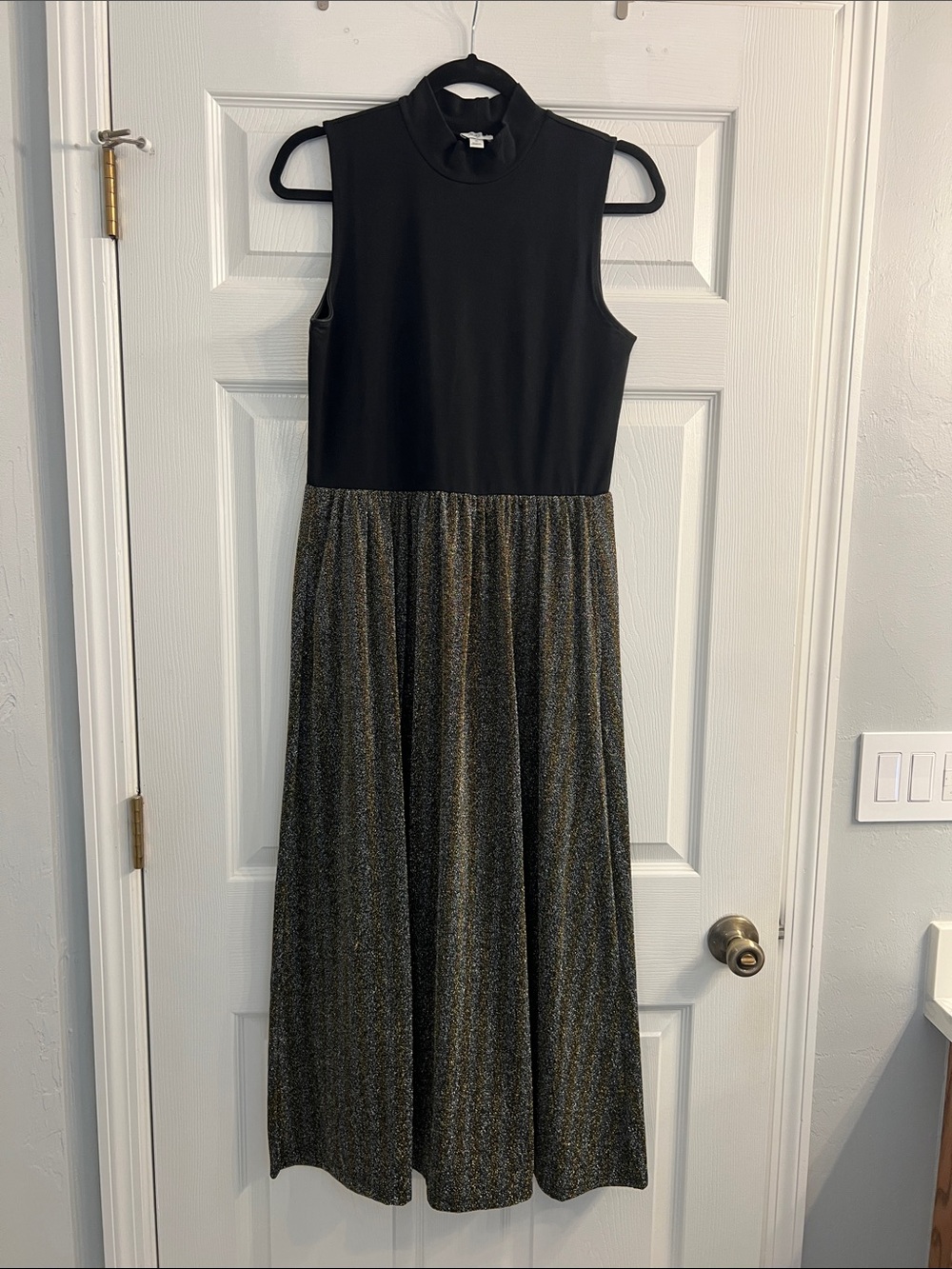 J. Crew Factory Black Mock-Neck Maxi with Metallic Gold-Speckled Skirt